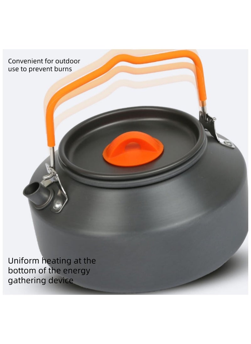 Outdoor Camping Cookware Set - Including A Kettle For Boiling Water, A Saucepan For Cooking, And A Frying Pan. it Is A Set Of Portable Cookware, Kitchen Utensils And Tableware For Camping And Outdoor Cooking Activities. A 3-Piece Set.