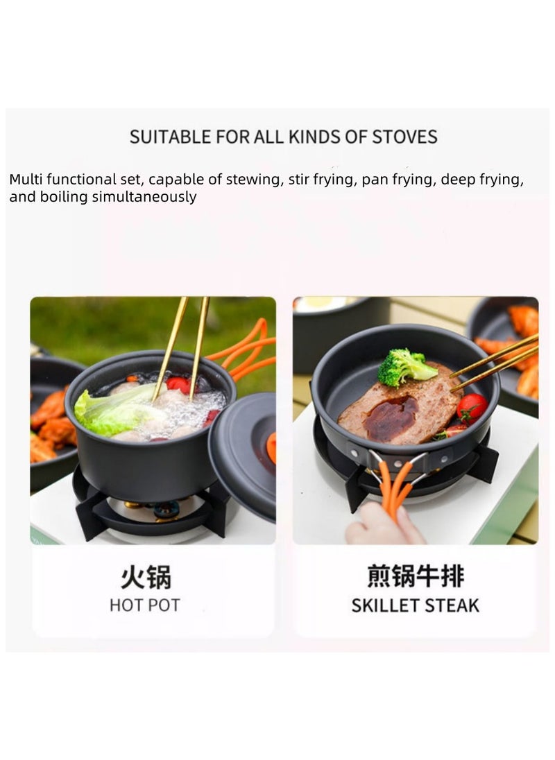 Outdoor Camping Cookware Set - Including A Kettle For Boiling Water, A Saucepan For Cooking, And A Frying Pan. it Is A Set Of Portable Cookware, Kitchen Utensils And Tableware For Camping And Outdoor Cooking Activities. A 3-Piece Set.