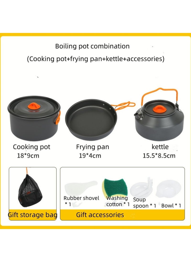 Outdoor Camping Cookware Set - Including A Kettle For Boiling Water, A Saucepan For Cooking, And A Frying Pan. it Is A Set Of Portable Cookware, Kitchen Utensils And Tableware For Camping And Outdoor Cooking Activities. A 3-Piece Set.