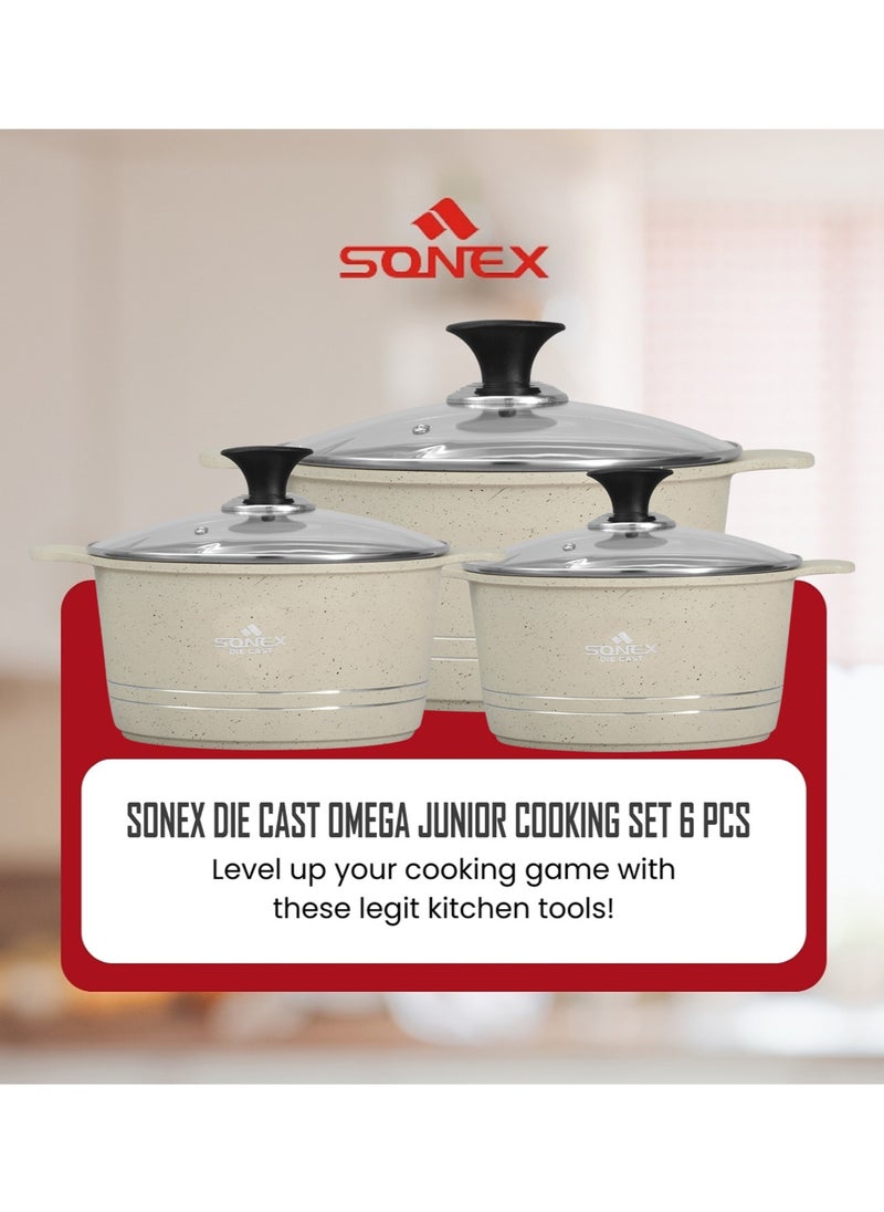 Sonex Omega Junior 8 Pcs Diecast Cookware Set – Marble Coated Non-Stick, White Finish, 20, 24, 28 cm, PFOA-Free, Dishwasher Safe, Superior Heat Retention for Effortless Cooking