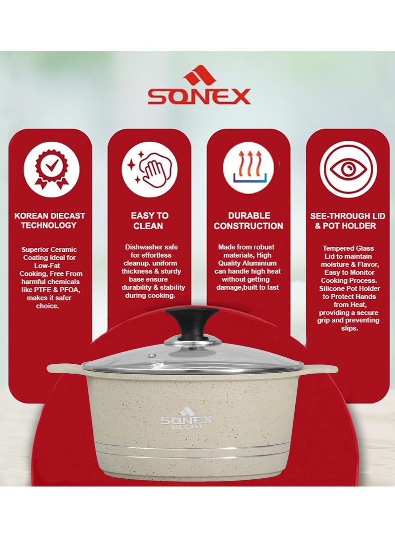 Sonex Omega Junior 8 Pcs Diecast Cookware Set – Marble Coated Non-Stick, White Finish, 20, 24, 28 cm, PFOA-Free, Dishwasher Safe, Superior Heat Retention for Effortless Cooking