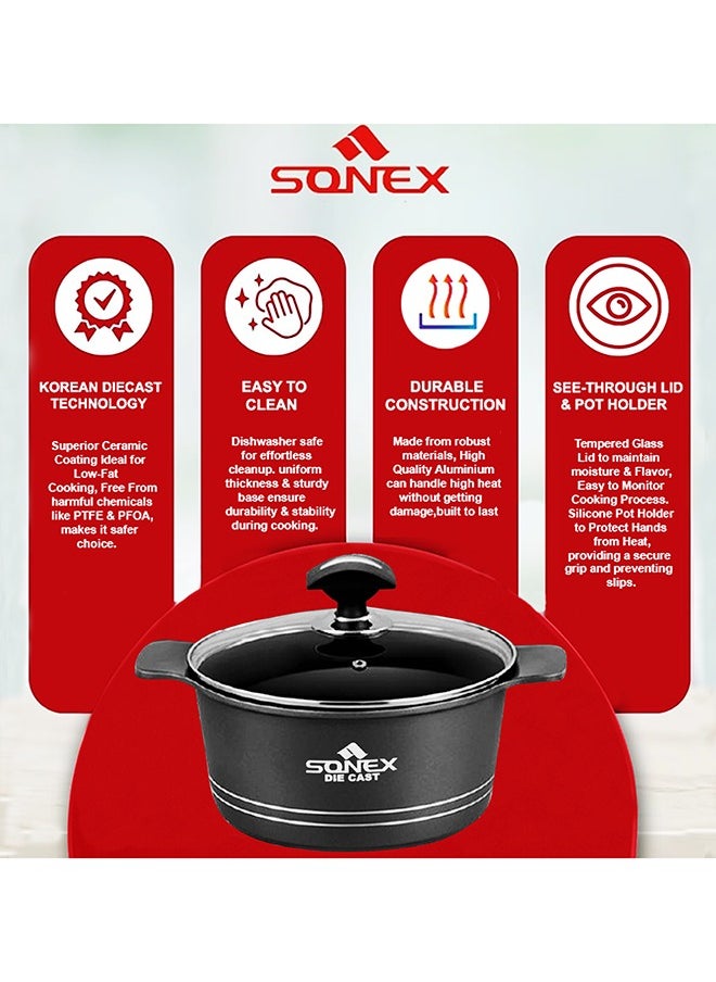 Sonex Omega Junior Diecast 8-Piece Cookware Set – Matte Gray Finish, Non-Stick, Sizes 20, 24, 28 cm, PFOA-Free, Dishwasher Safe, Long-Lasting Durability for Healthy Cooking