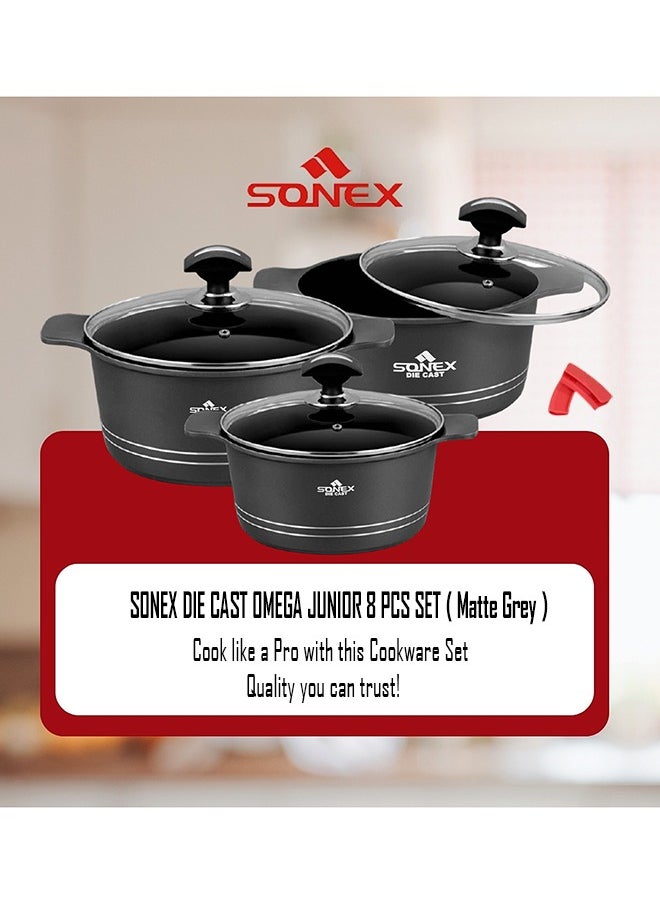 Sonex Omega Junior Diecast 8-Piece Cookware Set – Matte Gray Finish, Non-Stick, Sizes 20, 24, 28 cm, PFOA-Free, Dishwasher Safe, Long-Lasting Durability for Healthy Cooking