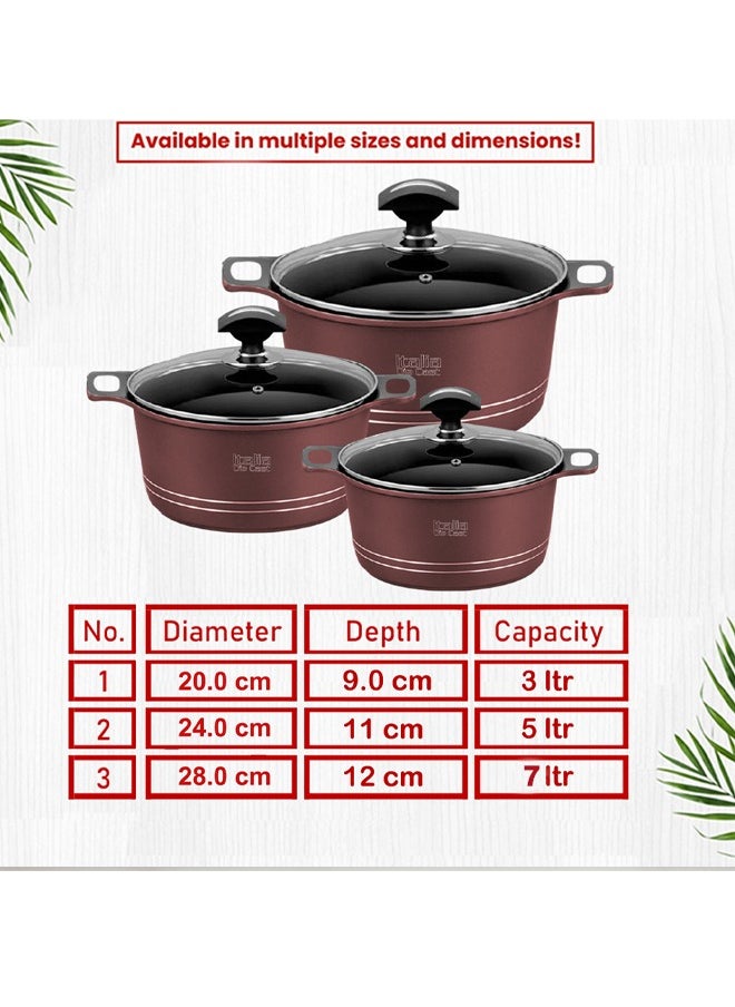 Sonex Diecast Italia Junior Non-Stick Pot Set, 8 Pcs – Glass Lids, Silicone Holders, 20/24/28 cm, Metallic Maroon, Dishwasher Safe, PFOA-Free, Durable Built & Exceptional Heat Distribution for Healthy Cooking