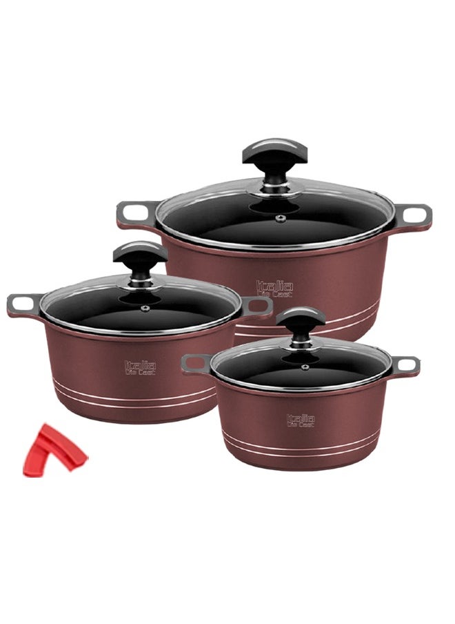 Sonex Diecast Italia Junior Non-Stick Pot Set, 8 Pcs – Glass Lids, Silicone Holders, 20/24/28 cm, Metallic Maroon, Dishwasher Safe, PFOA-Free, Durable Built & Exceptional Heat Distribution for Healthy Cooking