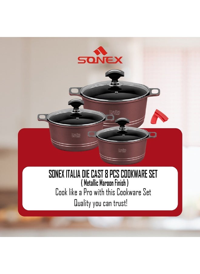 Sonex Diecast Italia Junior Non-Stick Pot Set, 8 Pcs – Glass Lids, Silicone Holders, 20/24/28 cm, Metallic Maroon, Dishwasher Safe, PFOA-Free, Durable Built & Exceptional Heat Distribution for Healthy Cooking