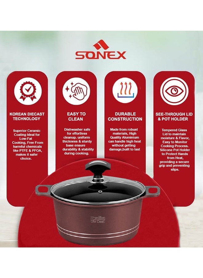 Sonex Diecast Italia Junior Non-Stick Pot Set, 8 Pcs – Glass Lids, Silicone Holders, 20/24/28 cm, Metallic Maroon, Dishwasher Safe, PFOA-Free, Durable Built & Exceptional Heat Distribution for Healthy Cooking