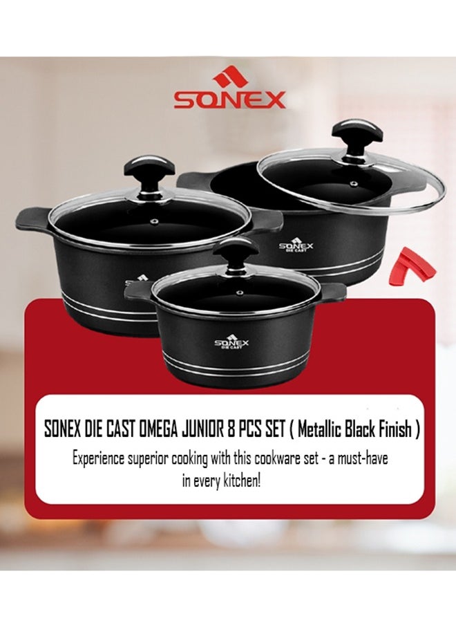 Sonex Omega Junior Diecast 8-Piece Cookware Set – Black Metallic Finish, Non-Stick, Sizes 20, 24, 28 cm, PFOA-Free, Dishwasher Safe, Long-Lasting Durability for Healthy Cooking