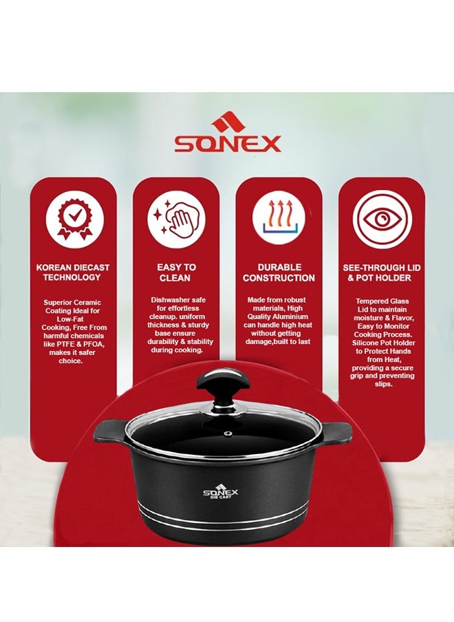 Sonex Omega Junior Diecast 8-Piece Cookware Set – Black Metallic Finish, Non-Stick, Sizes 20, 24, 28 cm, PFOA-Free, Dishwasher Safe, Long-Lasting Durability for Healthy Cooking