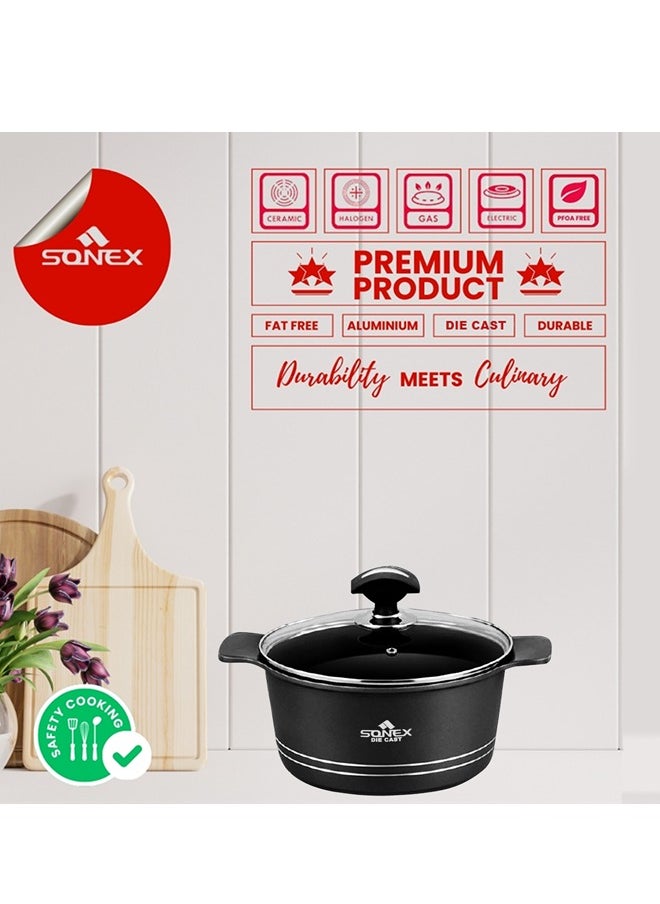 Sonex Omega Junior Diecast 8-Piece Cookware Set – Black Metallic Finish, Non-Stick, Sizes 20, 24, 28 cm, PFOA-Free, Dishwasher Safe, Long-Lasting Durability for Healthy Cooking