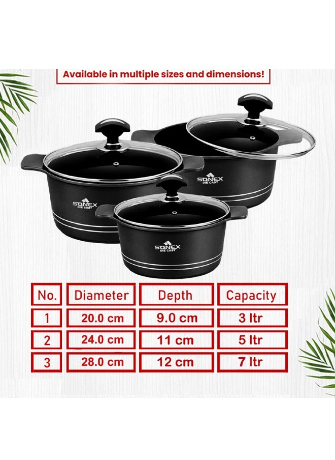 Sonex Omega Junior Diecast 8-Piece Cookware Set – Black Metallic Finish, Non-Stick, Sizes 20, 24, 28 cm, PFOA-Free, Dishwasher Safe, Long-Lasting Durability for Healthy Cooking