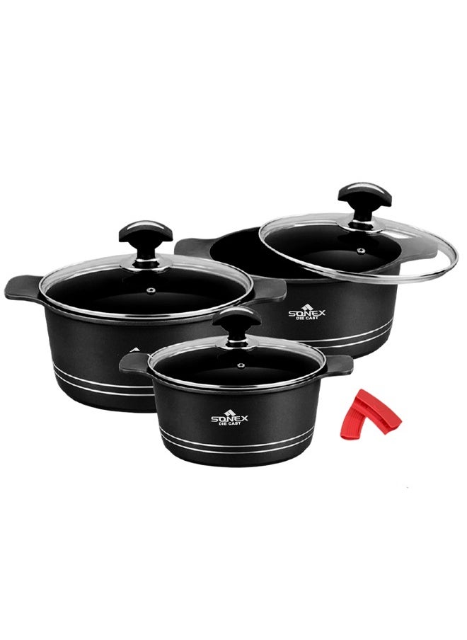 Sonex Omega Junior Diecast 8-Piece Cookware Set – Black Metallic Finish, Non-Stick, Sizes 20, 24, 28 cm, PFOA-Free, Dishwasher Safe, Long-Lasting Durability for Healthy Cooking