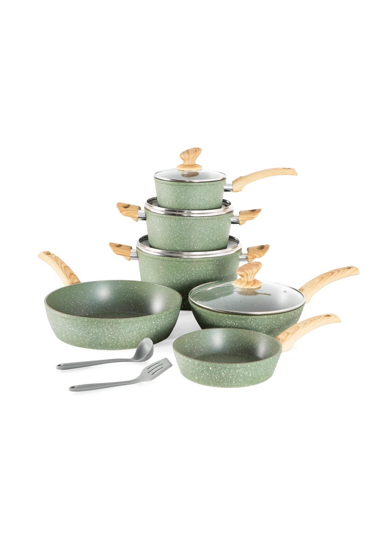 Induction Pots Set - 12-Piece Green Granite Non-Stick Cooking Pot Set, PFOA & PFOS Free, Includes Frying Pans, Saucepans & Casseroles