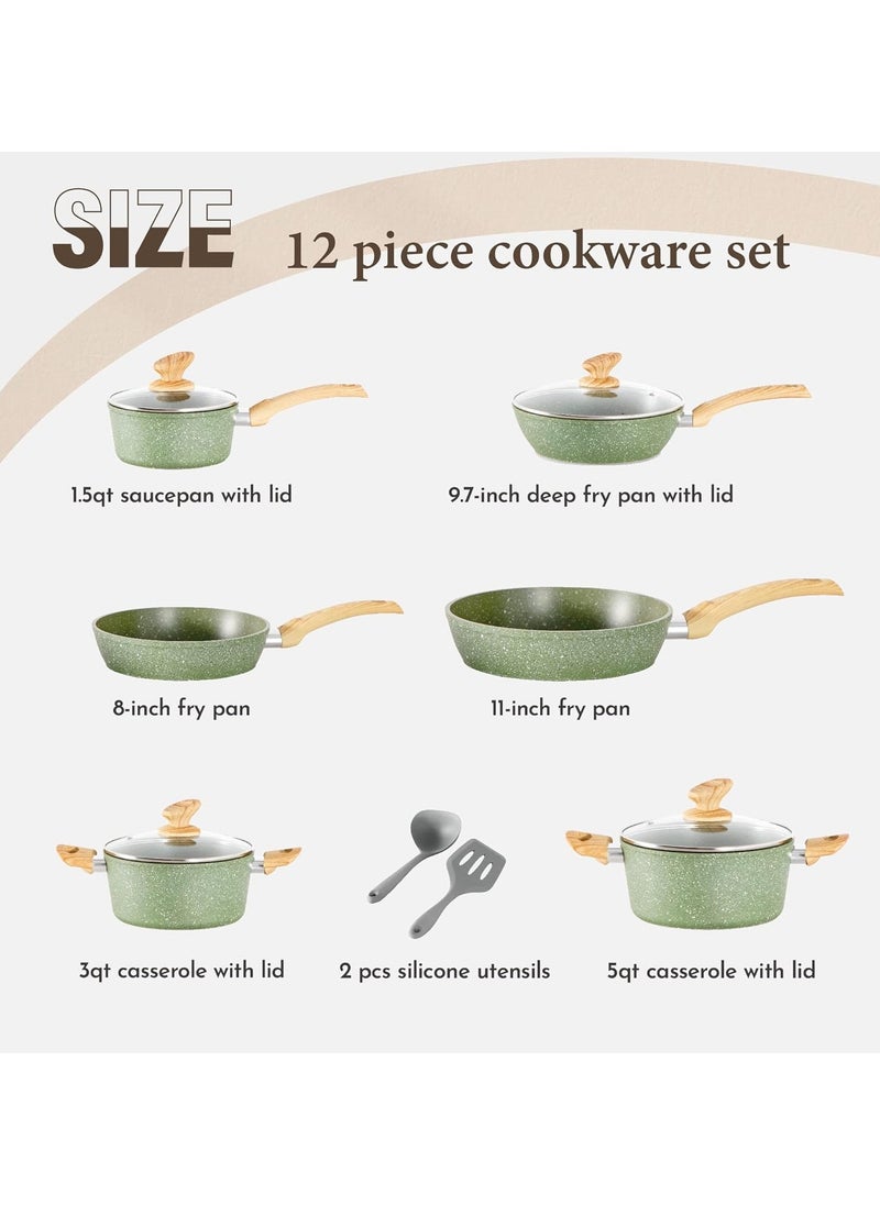 Induction Pots Set - 12-Piece Green Granite Non-Stick Cooking Pot Set, PFOA & PFOS Free, Includes Frying Pans, Saucepans & Casseroles