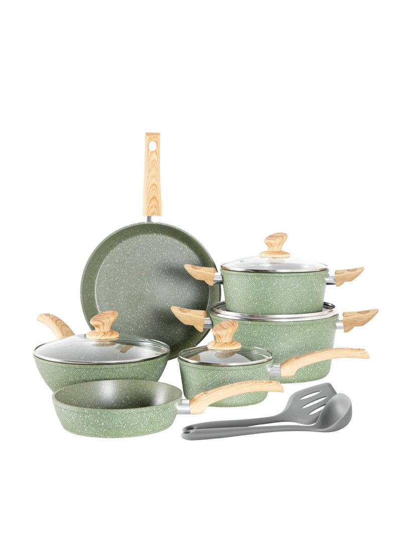 Induction Pots Set - 12-Piece Green Granite Non-Stick Cooking Pot Set, PFOA & PFOS Free, Includes Frying Pans, Saucepans & Casseroles