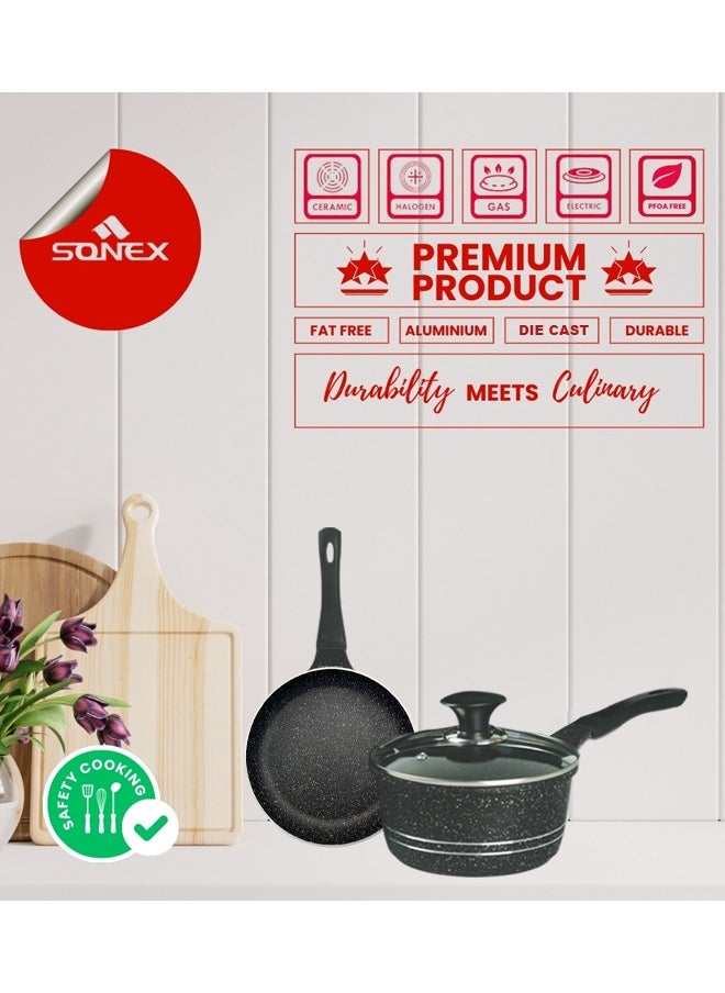 Sonex Diecast Eden Sapphire 7-Piece Gift Set, Korean Technology, Black Marble Non-Stick Coating, Includes Casserole Pots, Sauce Pot, Frypan, Glass Lids, Easy to Clean, Long Lasting Performance, Black