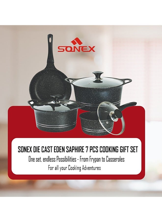 Sonex Diecast Eden Sapphire 7-Piece Gift Set, Korean Technology, Black Marble Non-Stick Coating, Includes Casserole Pots, Sauce Pot, Frypan, Glass Lids, Easy to Clean, Long Lasting Performance, Black