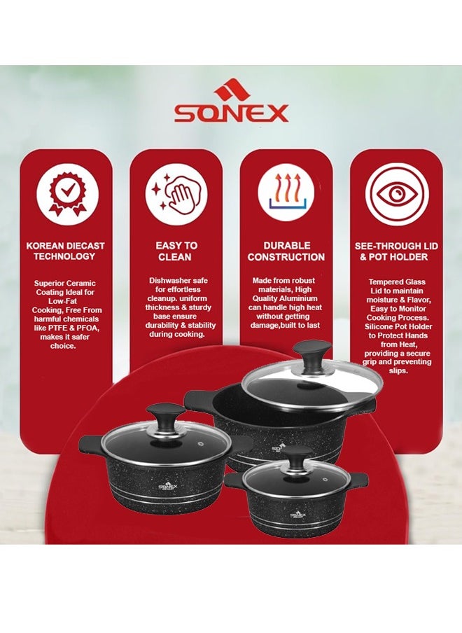 Sonex Omega Junior 8 Pcs Diecast Cookware Set – Marble Coated Non-Stick, Black Finish, 20, 24, 28 cm, PFOA-Free, Dishwasher Safe, Superior Heat Retention for Effortless Cooking