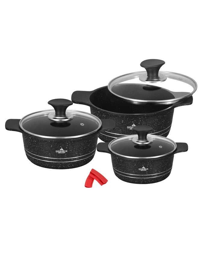 Sonex Omega Junior 8 Pcs Diecast Cookware Set – Marble Coated Non-Stick, Black Finish, 20, 24, 28 cm, PFOA-Free, Dishwasher Safe, Superior Heat Retention for Effortless Cooking