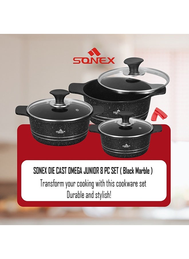 Sonex Omega Junior 8 Pcs Diecast Cookware Set – Marble Coated Non-Stick, Black Finish, 20, 24, 28 cm, PFOA-Free, Dishwasher Safe, Superior Heat Retention for Effortless Cooking