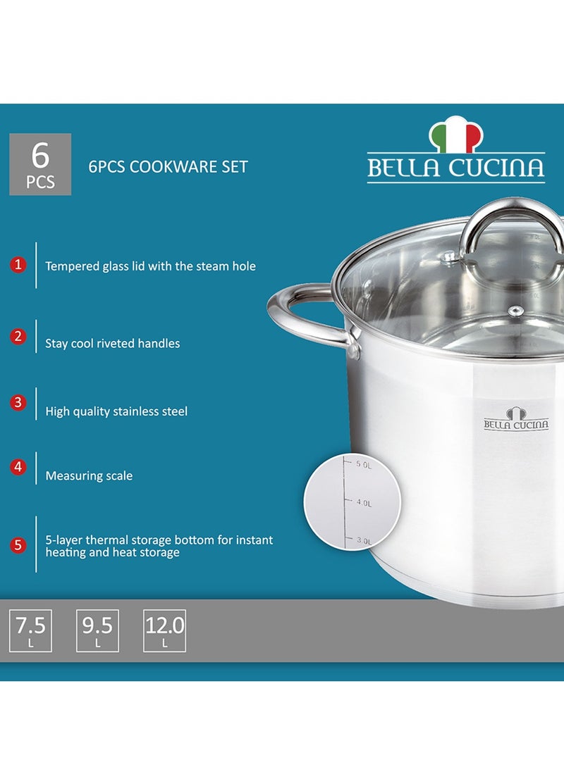 Bella Cucina 6 Pcs Set Casserole With Glass Lid  22*19Cm  7.5 L  24*20Cm  9.5 L 26*21Cm 12 L , Exceptional Durability and Strength Safe Cooking Pot