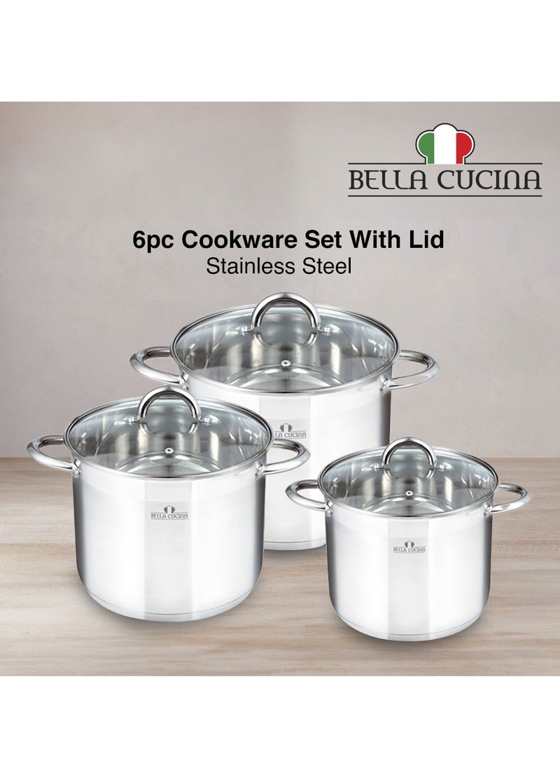 Bella Cucina 6 Pcs Set Casserole With Glass Lid  22*19Cm  7.5 L  24*20Cm  9.5 L 26*21Cm 12 L , Exceptional Durability and Strength Safe Cooking Pot