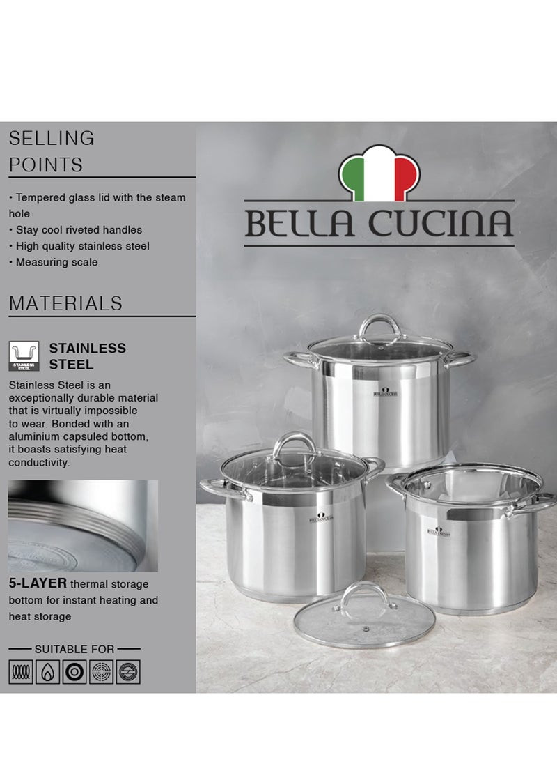 Bella Cucina 6 Pcs Set Casserole With Glass Lid  22*19Cm  7.5 L  24*20Cm  9.5 L 26*21Cm 12 L , Exceptional Durability and Strength Safe Cooking Pot