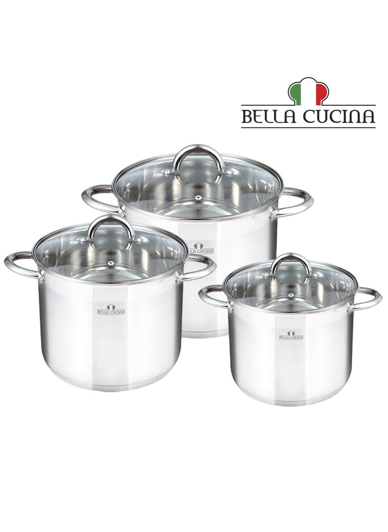 Bella Cucina 6 Pcs Set Casserole With Glass Lid  22*19Cm  7.5 L  24*20Cm  9.5 L 26*21Cm 12 L , Exceptional Durability and Strength Safe Cooking Pot