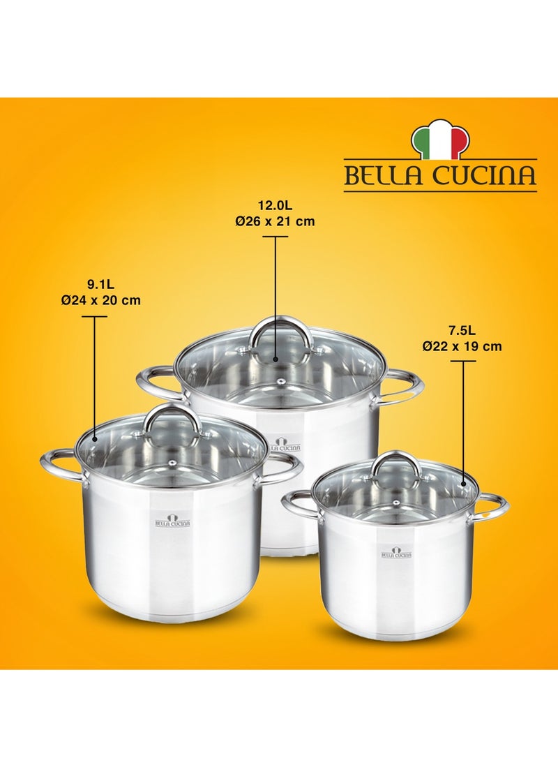Bella Cucina 6 Pcs Set Casserole With Glass Lid  22*19Cm  7.5 L  24*20Cm  9.5 L 26*21Cm 12 L , Exceptional Durability and Strength Safe Cooking Pot
