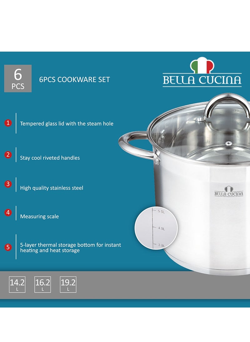 Bella Cucina 6 Pcs Set Casserole With Glass Lid  28*22Cm 14 L 30*23Cm 16L 32*24Cm 19 L, Exceptional Durability and Strength Safe Cooking Pot