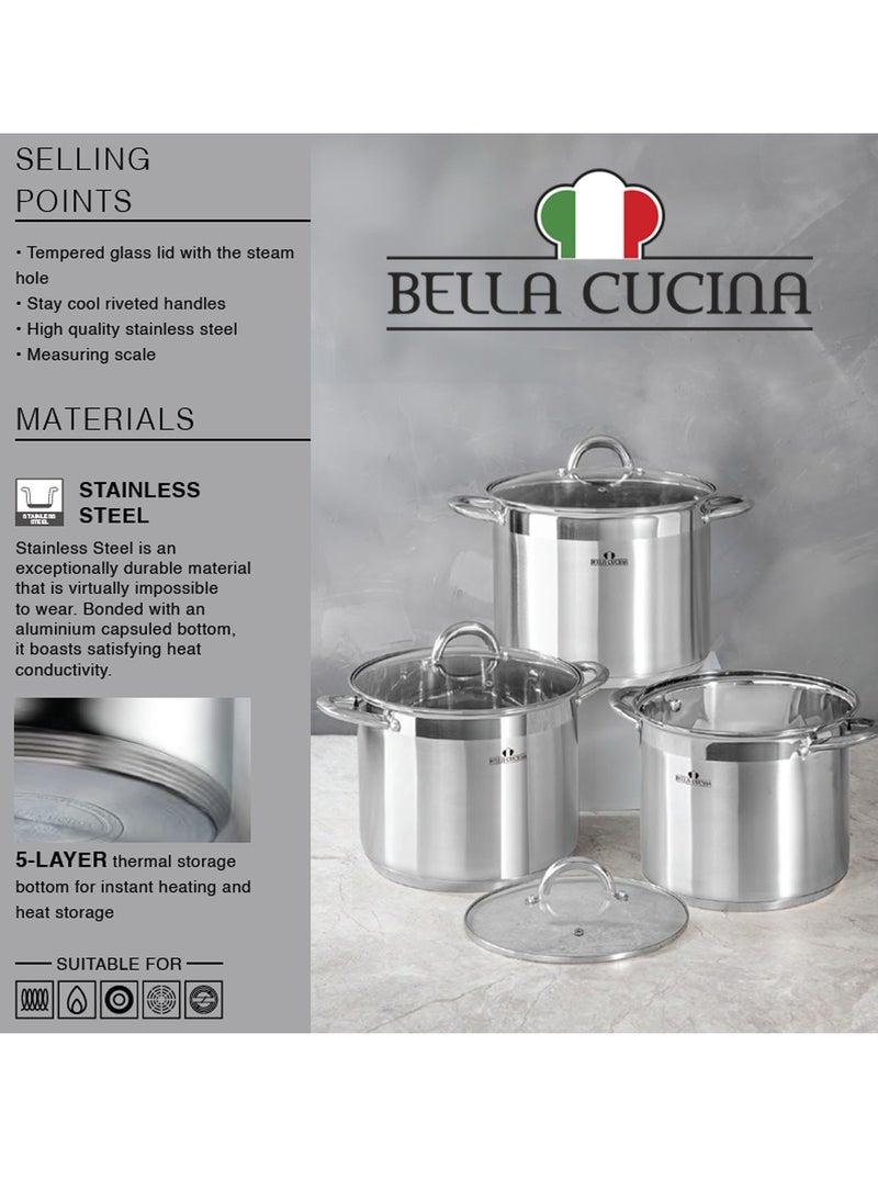 Bella Cucina 6 Pcs Set Casserole With Glass Lid  28*22Cm 14 L 30*23Cm 16L 32*24Cm 19 L, Exceptional Durability and Strength Safe Cooking Pot
