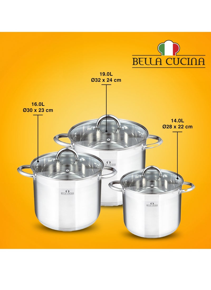 Bella Cucina 6 Pcs Set Casserole With Glass Lid  28*22Cm 14 L 30*23Cm 16L 32*24Cm 19 L, Exceptional Durability and Strength Safe Cooking Pot
