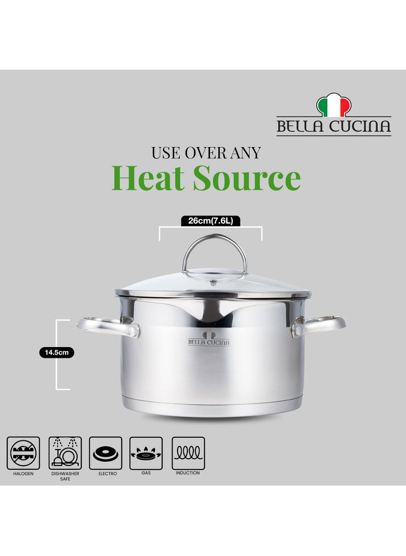 Bella Cucina Casserole Ø26X14.5Cm S/S Induction With Lid, Exceptional Durability and Strength Safe Cooking Pot