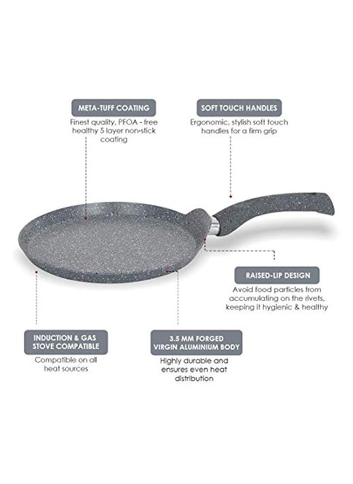 Granite 30cm Non-Stick Dosa Tawa | Induction Bottom | Soft-Touch Handles | Virgin Aluminium | PFOA/Heavy Metals Free | 3.5mm | | Grey