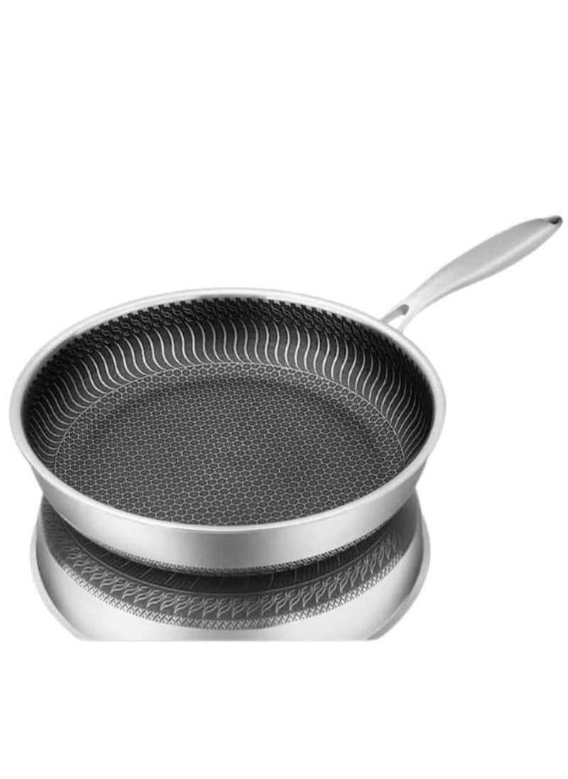 Heavy-Duty Stainless Steel Deep Fry Pan with Non-Stick Honeycomb Surface and Handle, Ideal for Chinese and Vegetable Cooking