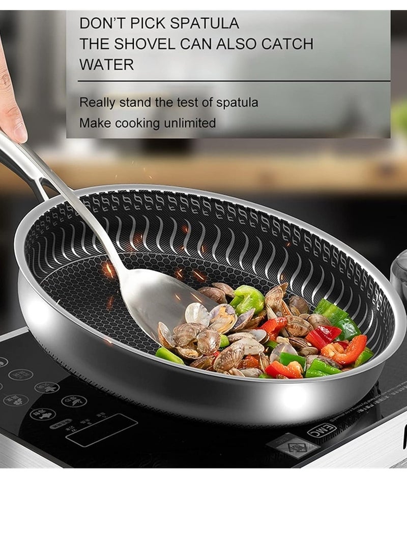 Heavy-Duty Stainless Steel Deep Fry Pan with Non-Stick Honeycomb Surface and Handle, Ideal for Chinese and Vegetable Cooking