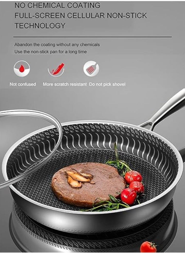 Heavy-Duty Stainless Steel Non-Stick Wok with Handle 30cm Deep Fry Pan for Chinese and Vegetable Cooking Honeycomb Design Smoke-Free and Oil-Free Frying Pan