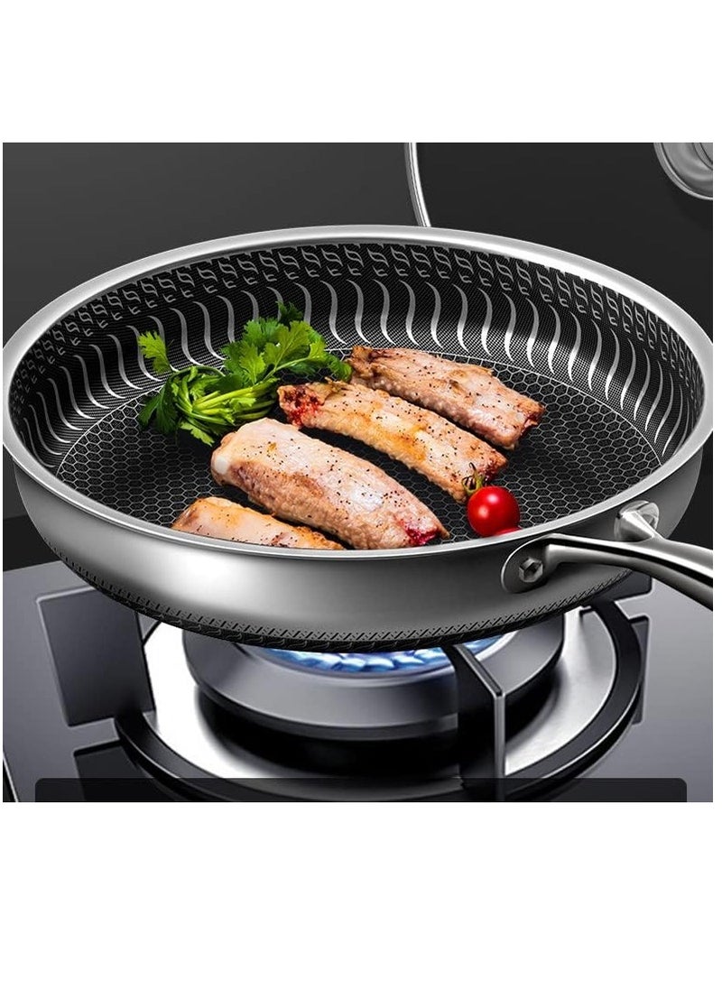 Heavy-Duty Stainless Steel Non-Stick Wok with Handle 30cm Deep Fry Pan for Chinese and Vegetable Cooking Honeycomb Design Smoke-Free and Oil-Free Frying Pan