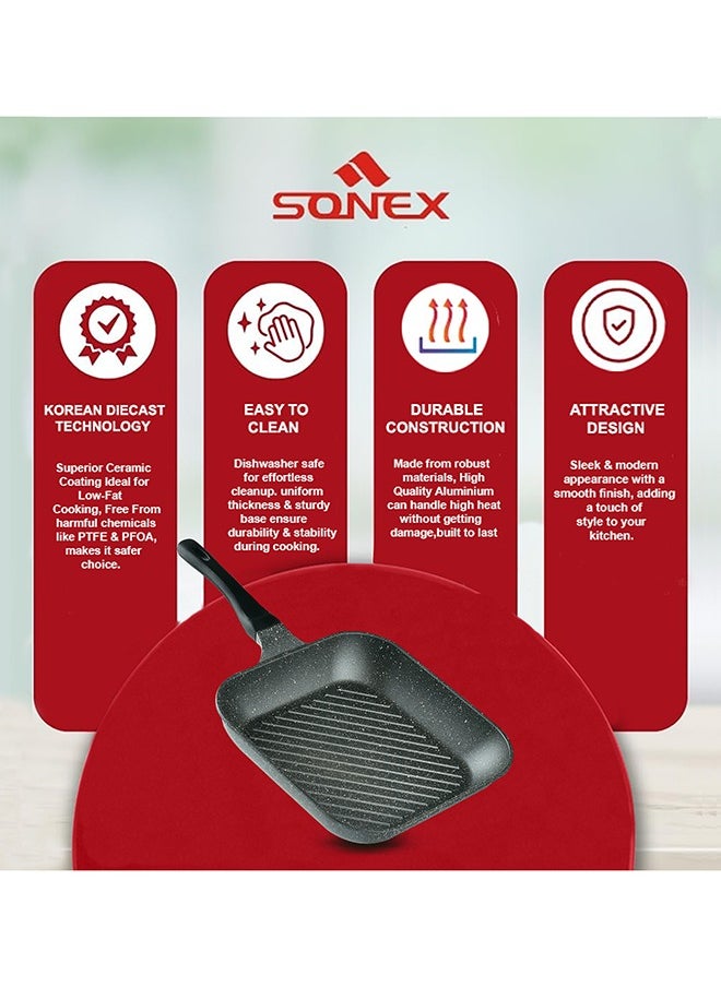 Sonex  Diecast Marble Coated Grill Pan 24 cm– Non-Stick, Raised Ridges, Cool-Touch Soft Handle, PFOA-Free, Dishwasher Safe, Easy Clean, Premium Korean Technology for Healthy Grilling, Grey