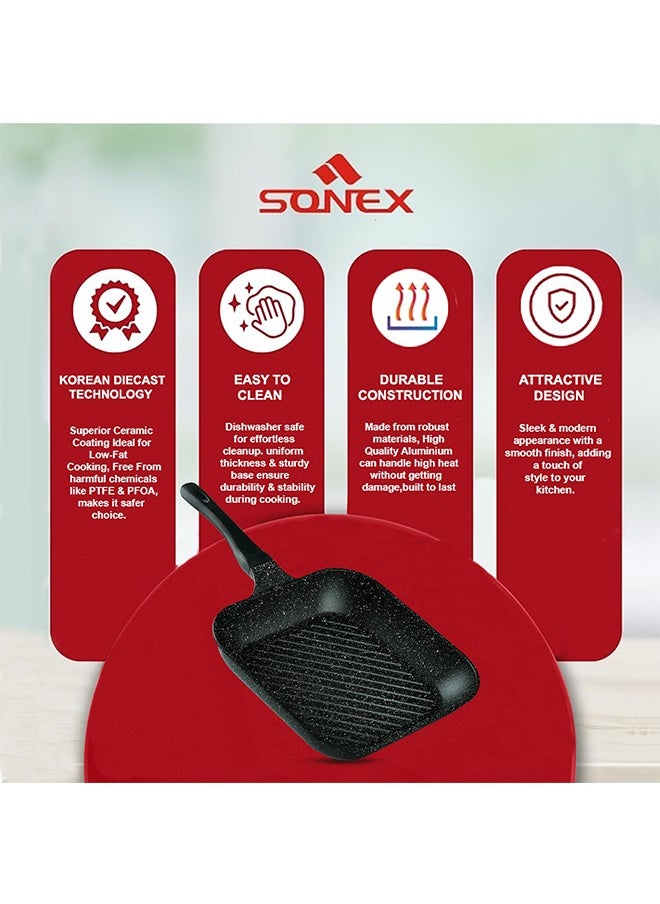 Sonex  Diecast Marble Coated Grill Pan 28 cm– Non-Stick, Raised Ridges, Cool-Touch Soft Handle, PFOA-Free, Dishwasher Safe, Easy Clean, Premium Korean Technology for Healthy Grilling, Black