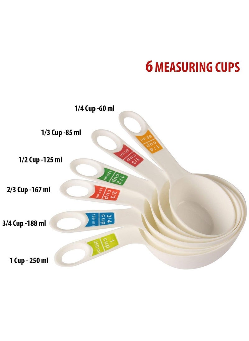 Plastic 12 Piece Measuring Cups and Spoons for Kitchen Cake Baking and Cooking Teaspoon Tablespoon Spoon Accessories Tools Set (White)