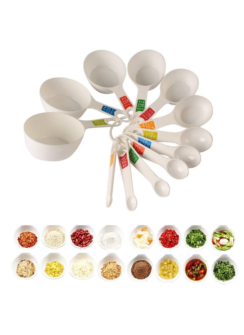 Plastic 12 Piece Measuring Cups and Spoons for Kitchen Cake Baking and Cooking Teaspoon Tablespoon Spoon Accessories Tools Set (White)