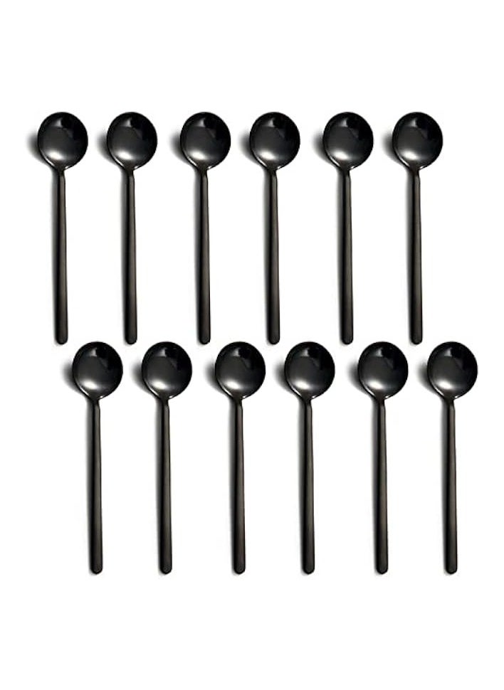 12 Pieces Spoons, 5 Inch 304 Stainless Steel Mini Coffee Teaspoons Set, Vogue Small Black Round Spoons for Sugar