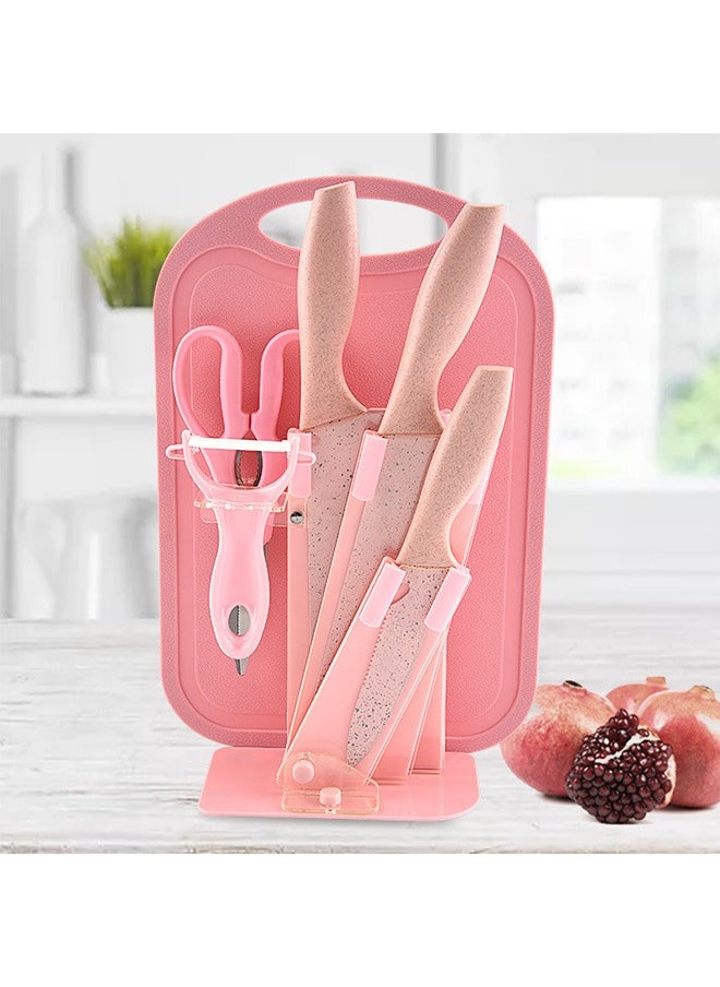 7-Piece Household Wheat Straw Knife Set, Stainless Steel Fruit Kitchen Knife With Cutting Board, Pink