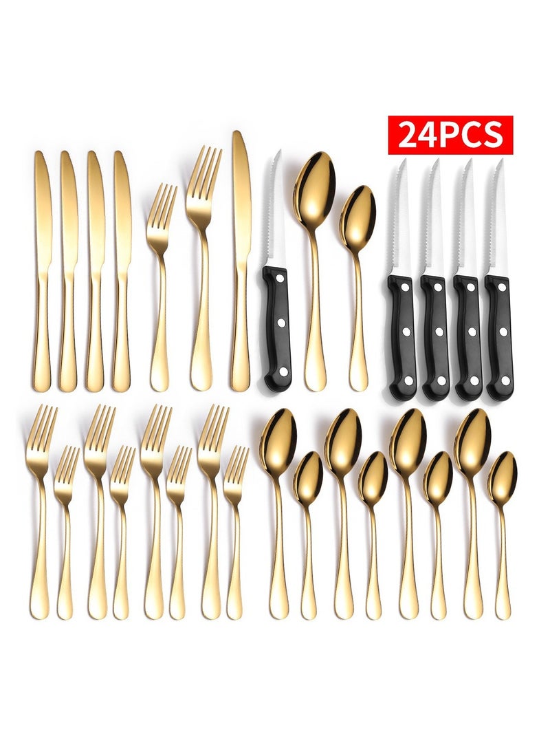 Kitchen And Household Flatware Set, 24-Piece Silver Flatware Set With Knife, Fork, Spoon And Steak Knife, Serves 4, Striped Handle Design, Dishwasher Safe, Silver