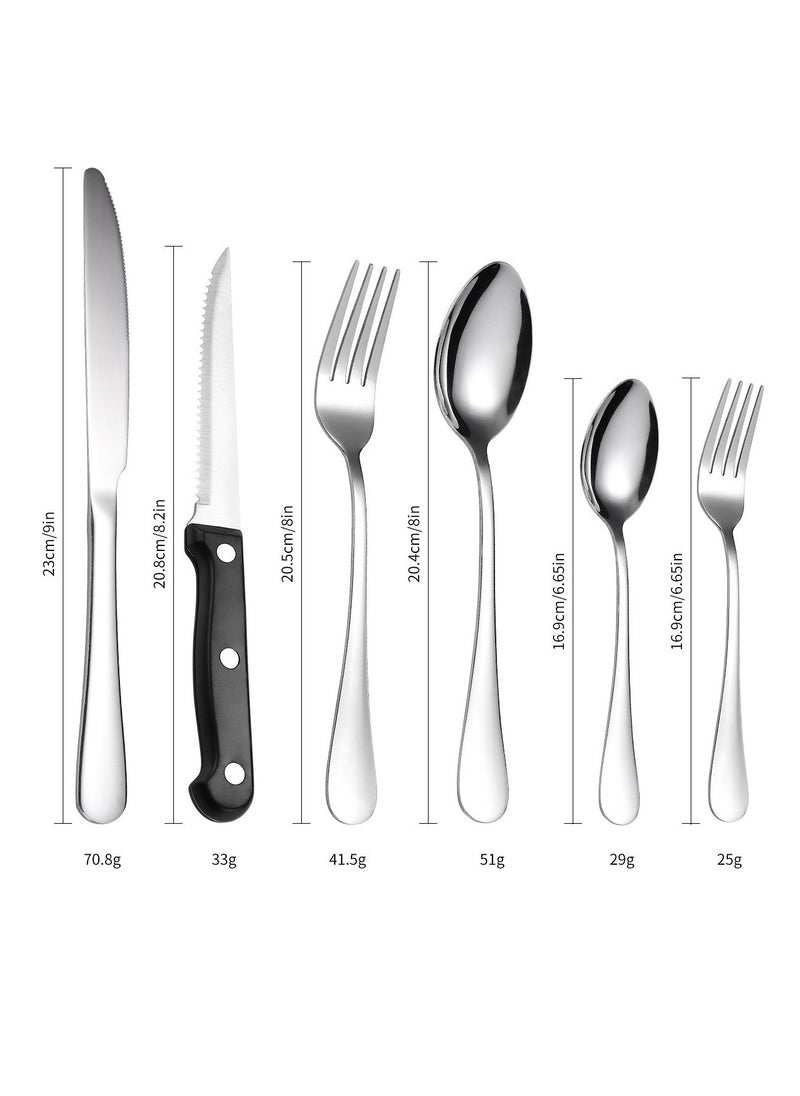 Kitchen And Household Flatware Set, 24-Piece Silver Flatware Set With Knife, Fork, Spoon And Steak Knife, Serves 4, Striped Handle Design, Dishwasher Safe, Silver