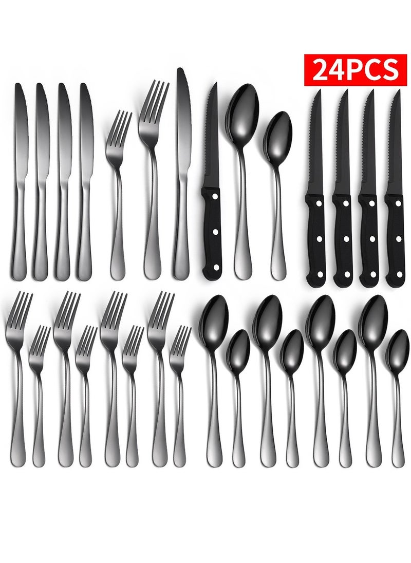 Kitchen And Household Flatware Set, 24-Piece Silver Flatware Set With Knife, Fork, Spoon And Steak Knife, Serves 4, Striped Handle Design, Dishwasher Safe, Silver