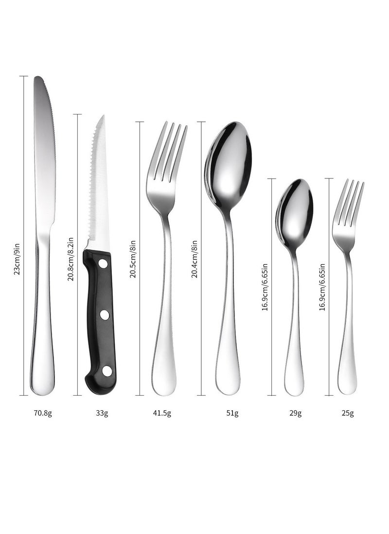 Kitchen And Household Flatware Set, 24-Piece Silver Flatware Set With Knife, Fork, Spoon And Steak Knife, Serves 4, Striped Handle Design, Dishwasher Safe, Silver