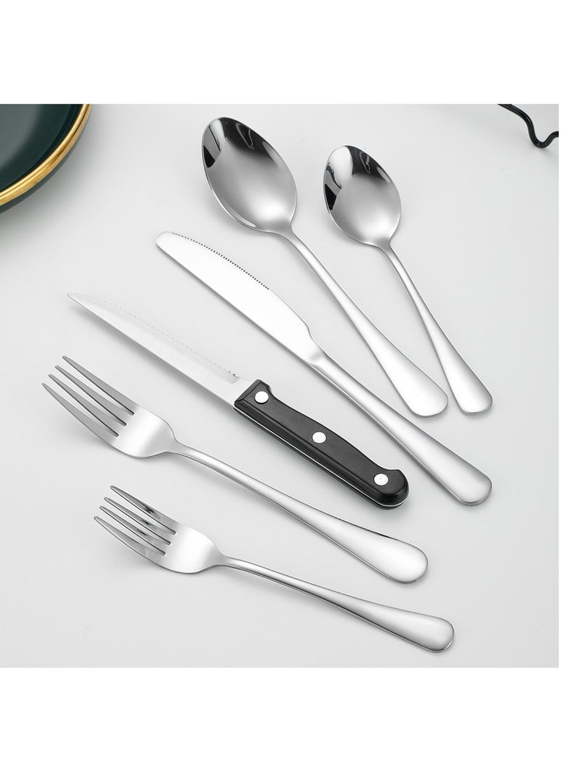 Kitchen And Household Flatware Set, 24-Piece Silver Flatware Set With Knife, Fork, Spoon And Steak Knife, Serves 4, Striped Handle Design, Dishwasher Safe, Silver