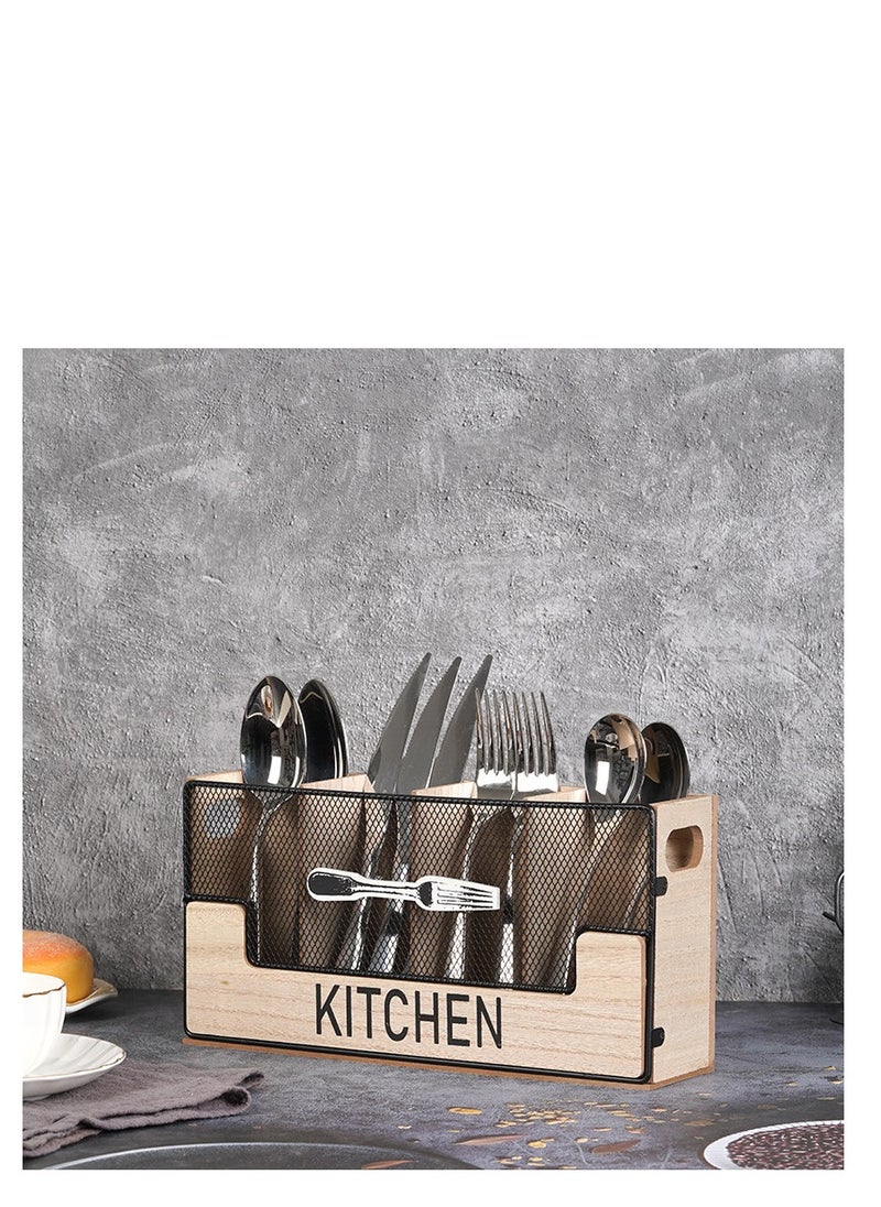 Kitchen Counter Utensil Holder Black Metal paired with Wood Flatware Organizer 4 Compartments for Spatula Crock Cutlery Caddy Forks, Spoons, Knives, Farmhouse Bin Storage Box